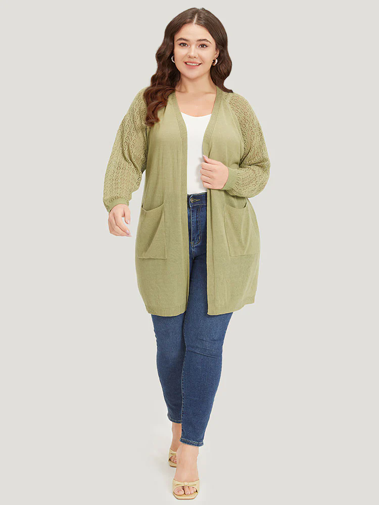 Solid Patched Pocket Geometric Eyelet Raglan Sleeve Cardigan Solid Patched Pocket Geometric Eyelet Raglan Sleeve Cardigan
