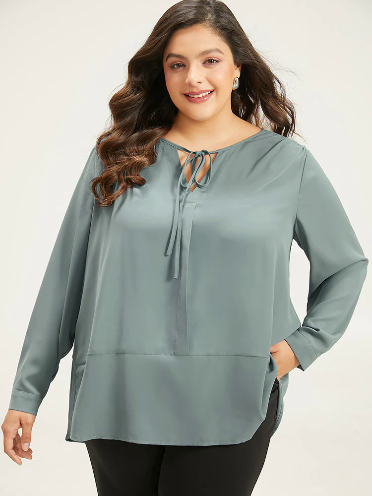 Anti-Wrinkle Solid Tie Neck Gathered Blouse Anti-Wrinkle Solid Tie Neck Gathered Blouse