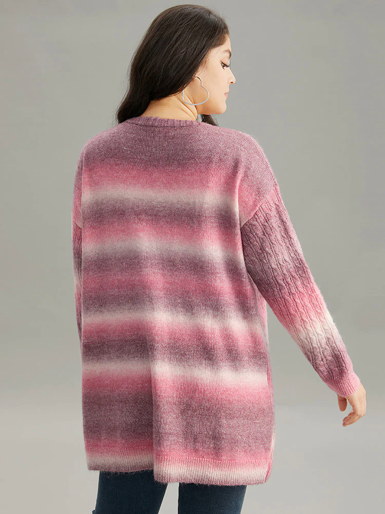 Ombre Cable Knit Patched Pocket Cardigan Ombre Cable Knit Patched Pocket Cardigan
