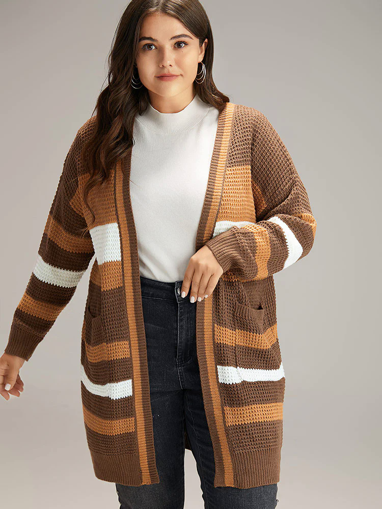 Contrast Open Front Patched Pocket Tunic Cardigan Contrast Open Front Patched Pocket Tunic Cardigan