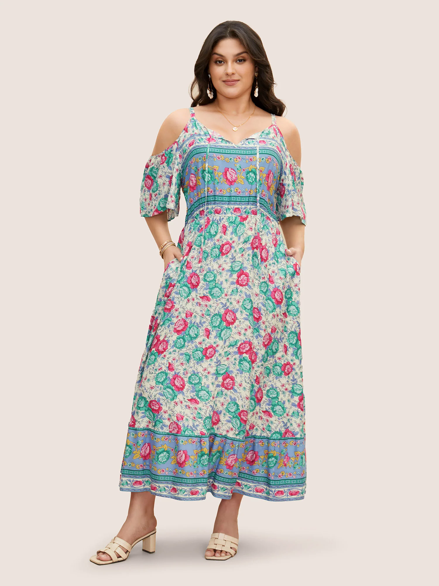 Floral Print Pocket Keyhole Ruffles Cold Shoulder Maxi Dress Floral Print Pocket Keyhole Ruffles Cold Shoulder Maxi Dress