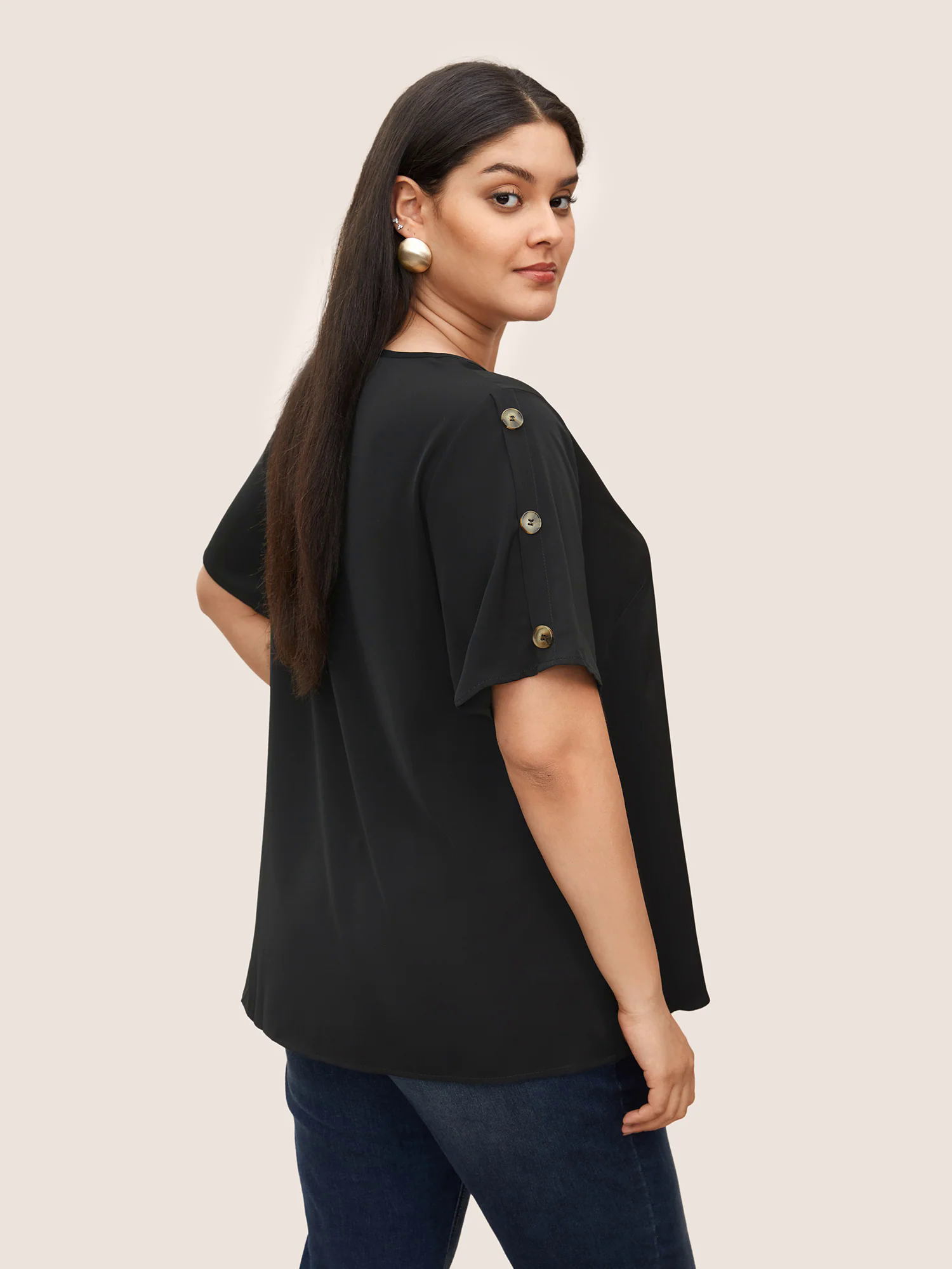 Plain Round Neck Button Detail Blouse Plain Round Neck Button Detail Blouse