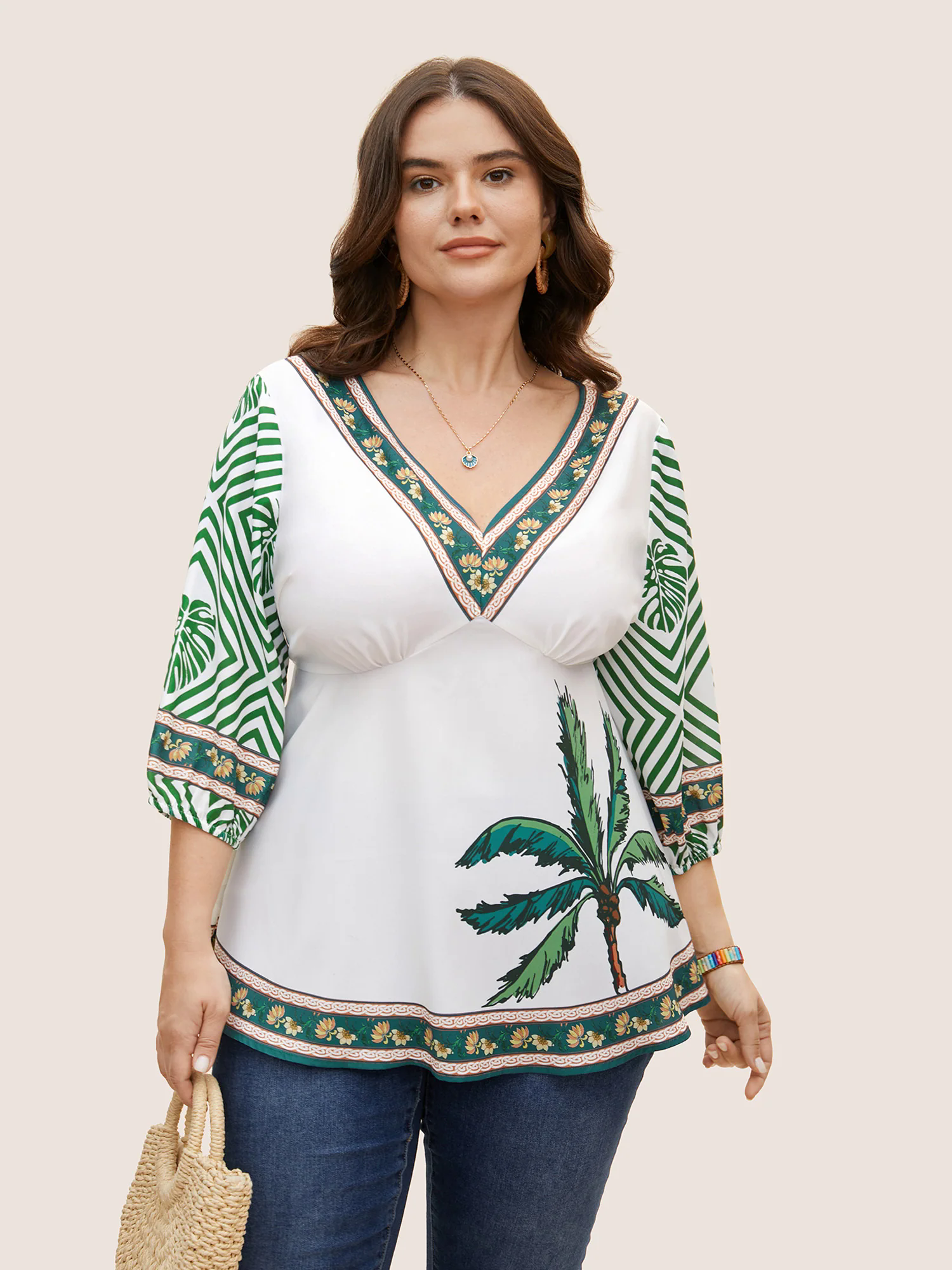 Boho Coconut Tree Print Lantern Sleeve Blouse Boho Coconut Tree Print Lantern Sleeve Blouse