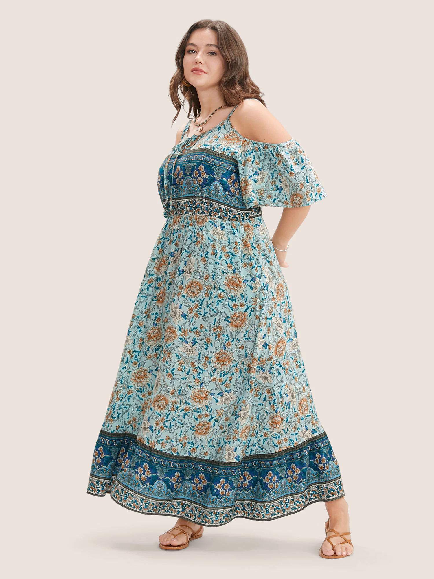 Floral Print Pocket Keyhole Ruffles Cold Shoulder Maxi Dress Floral Print Pocket Keyhole Ruffles Cold Shoulder Maxi Dress