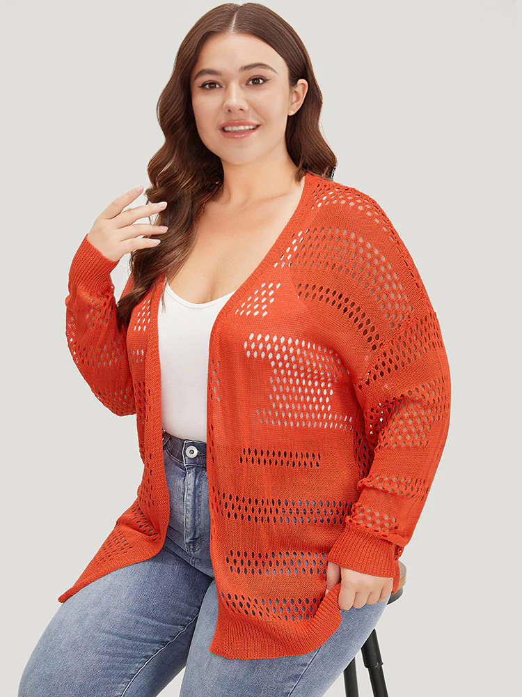 Plain Open Front Elastic Sleeve Cut Out Cardigan Plain Open Front Elastic Sleeve Cut Out Cardigan