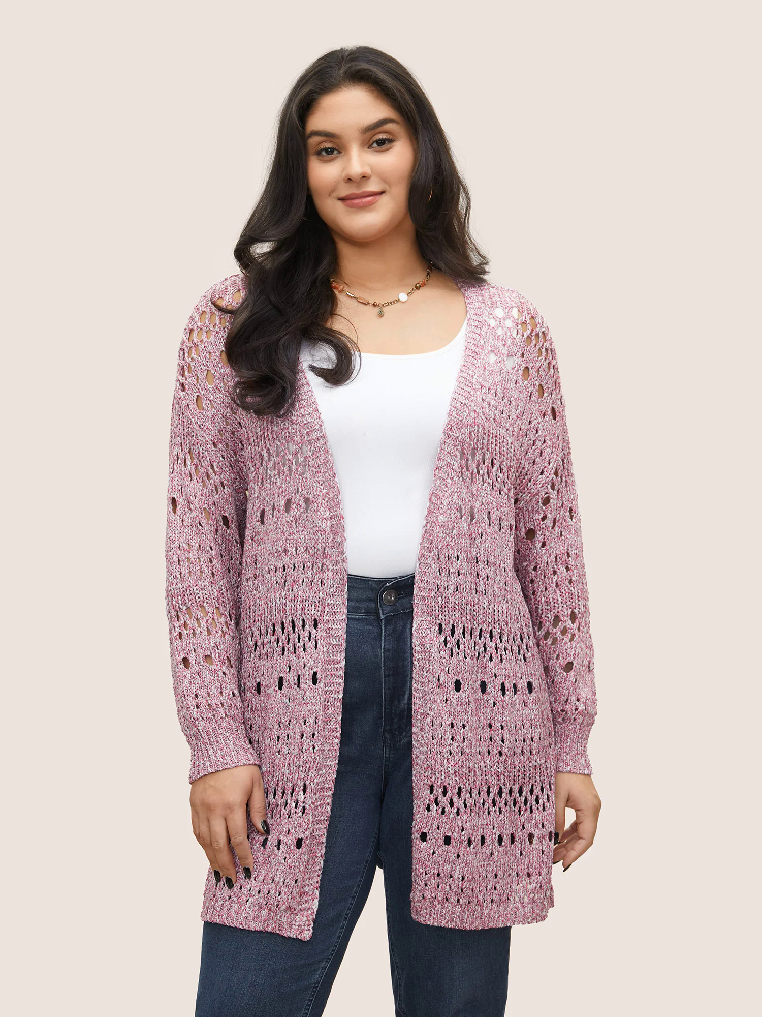 Heather Hollow Out Drop Shoulder Cardigan Heather Hollow Out Drop Shoulder Cardigan