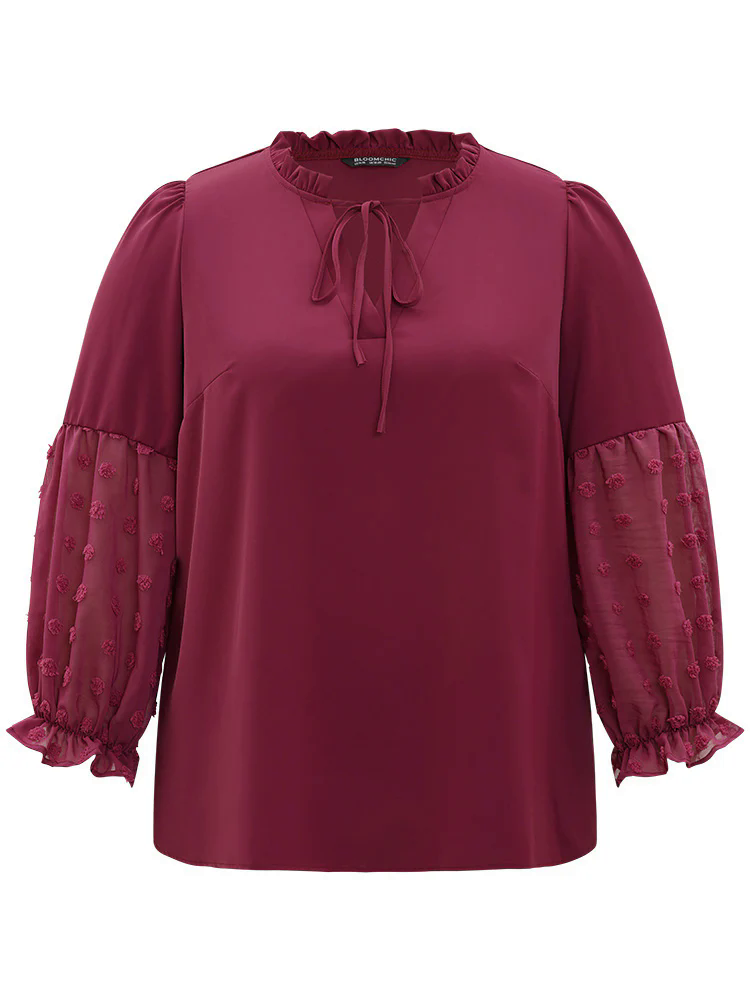 Anti-Wrinkle Plain Knot Neck Frill Trim Lantern Sleeve Blouse