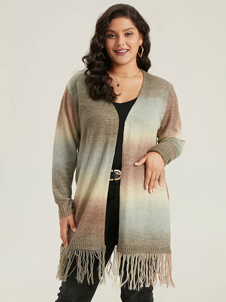 Ombre Fringe Trim Open Front Cardigan Ombre Fringe Trim Open Front Cardigan