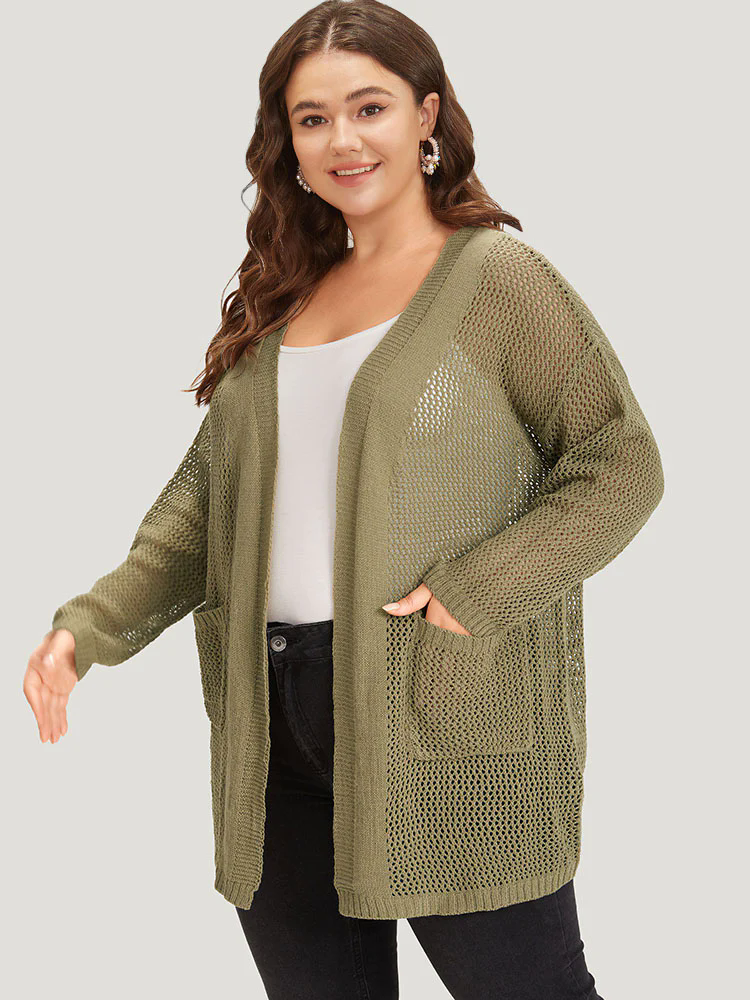 Solid Patched Pocket Open Front Patchwork Cardigan Solid Patched Pocket Open Front Patchwork Cardigan