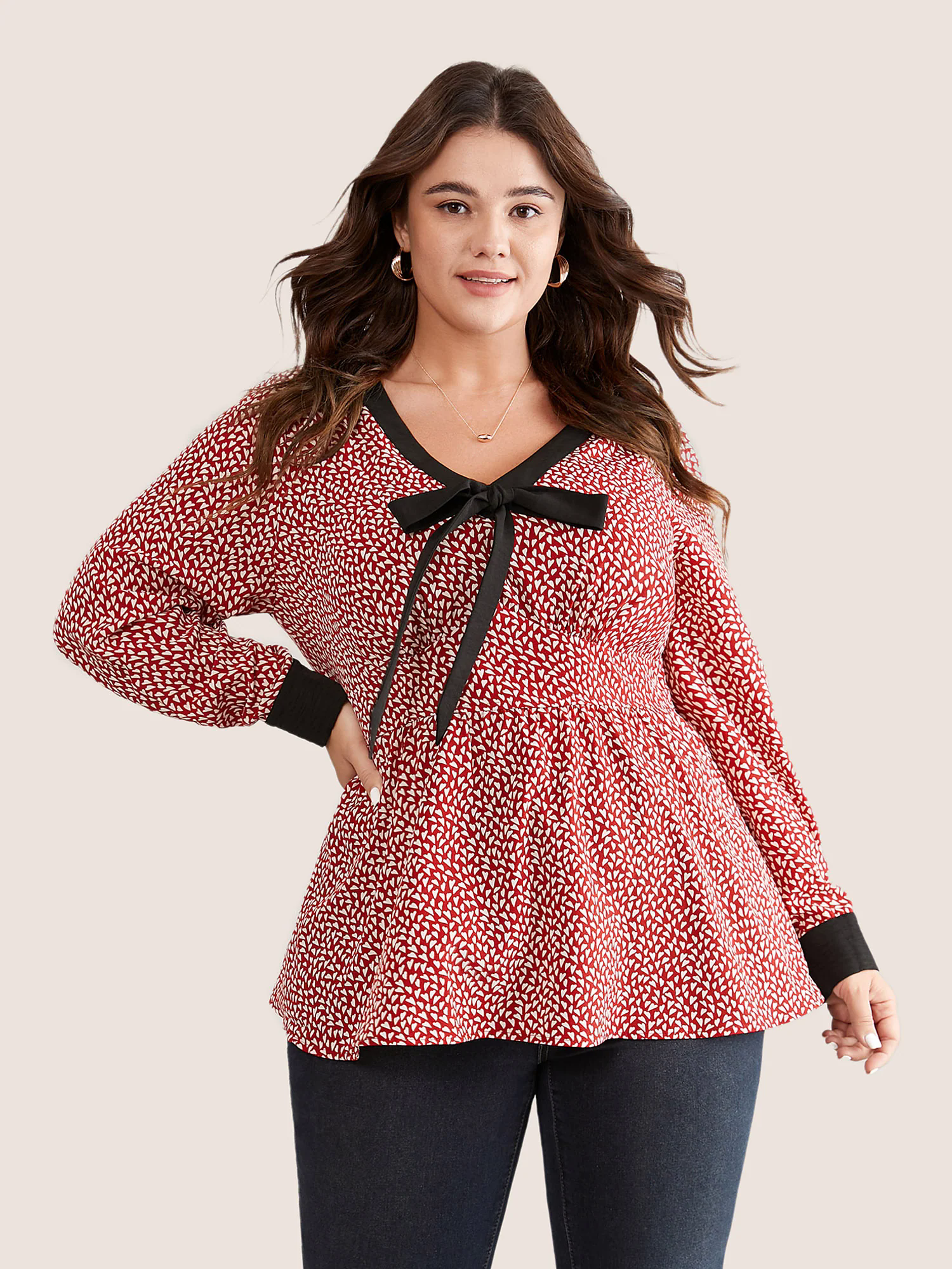 Heart Print Bowknot Elastic Waist Blouse Heart Print Bowknot Elastic Waist Blouse