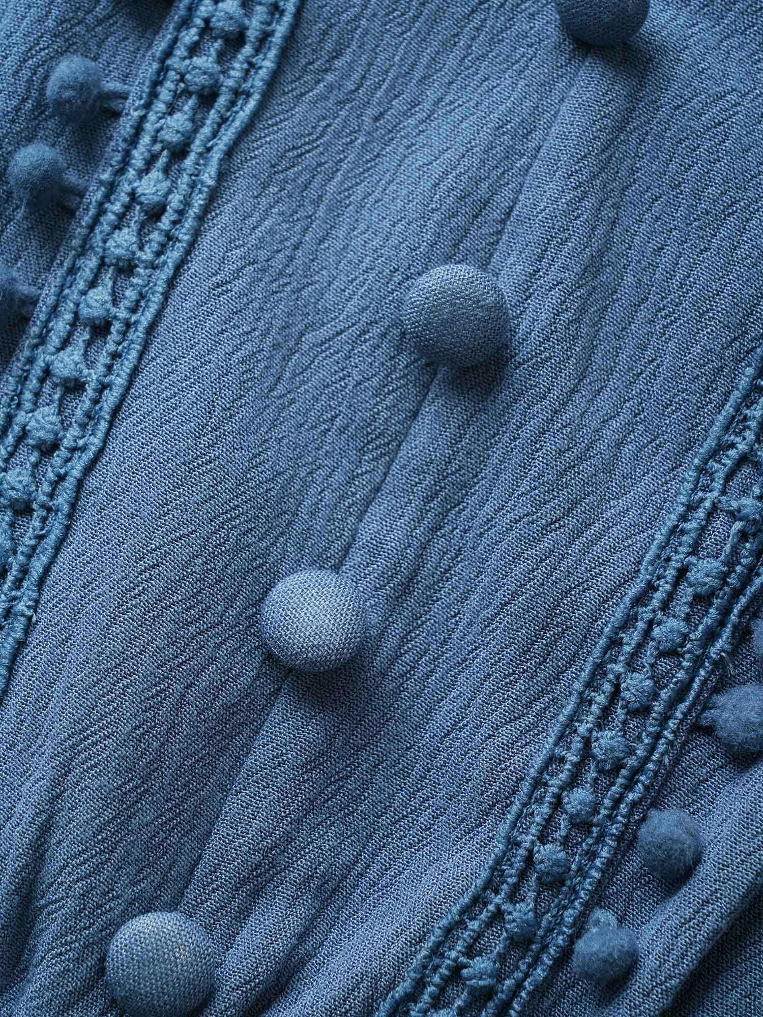 Rayon Plain Button Detail Pompom Trim Blouse Rayon Plain Button Detail Pompom Trim Blouse
