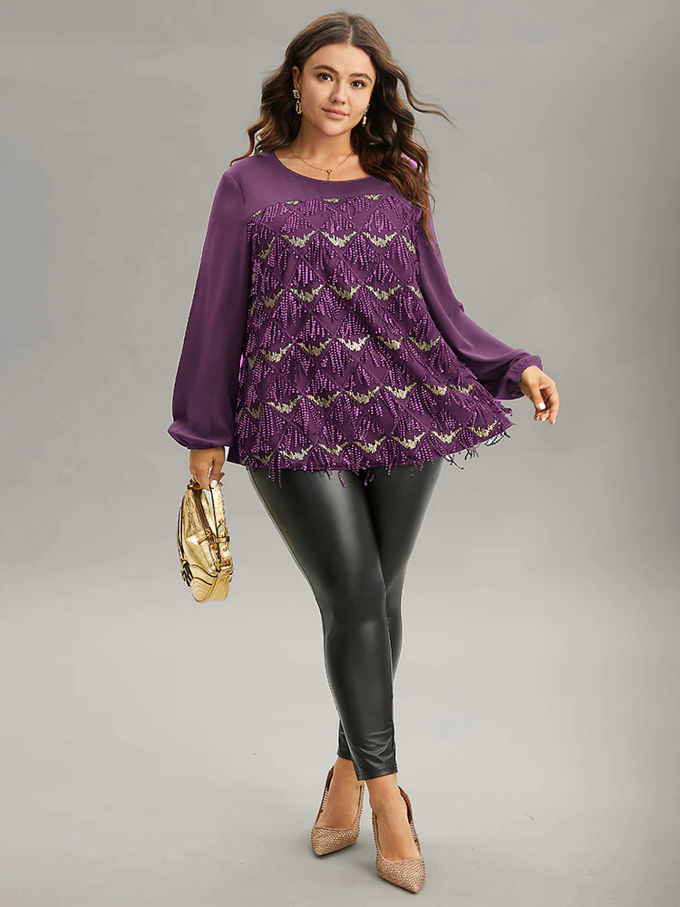 Sequin Tassel Trim Patchwork Lantern Sleeve Blouse Sequin Tassel Trim Patchwork Lantern Sleeve Blouse