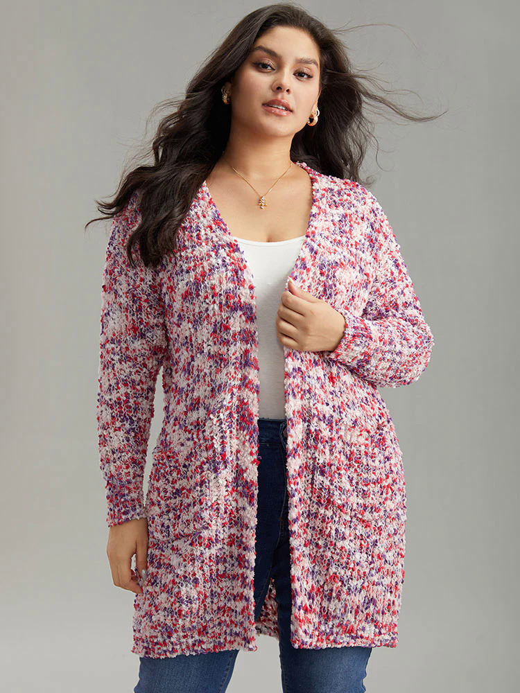 Contrast Fuzzy Open Front Patched Pocket Cardigan Contrast Fuzzy Open Front Patched Pocket Cardigan