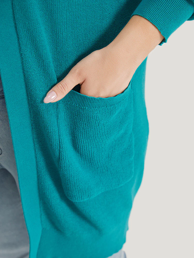 Solid Open Front Patched Pocket Cardigan Solid Open Front Patched Pocket Cardigan