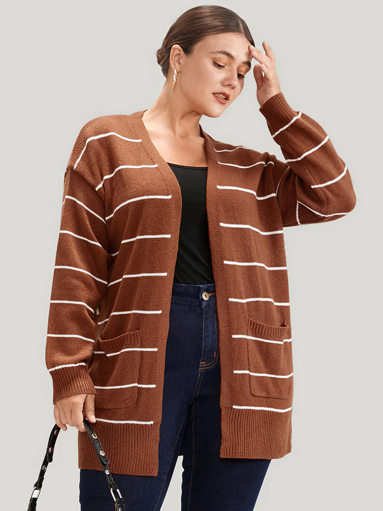 Striped Pointelle Knit Button Side Pocket Open Front Cardigan Striped Pointelle Knit Button Side Pocket Open Front Cardigan