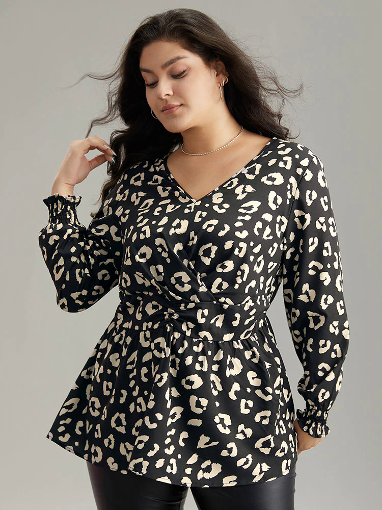 Leopard Print Crossover Ruched Shirred Blouse Leopard Print Crossover Ruched Shirred Blouse
