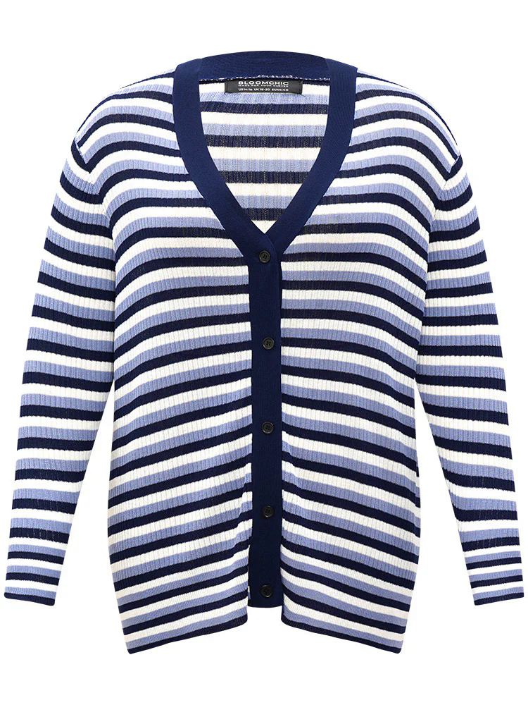 Contrast Striped Rib Knit Button Through Cardigan Contrast Striped Rib Knit Button Through Cardigan