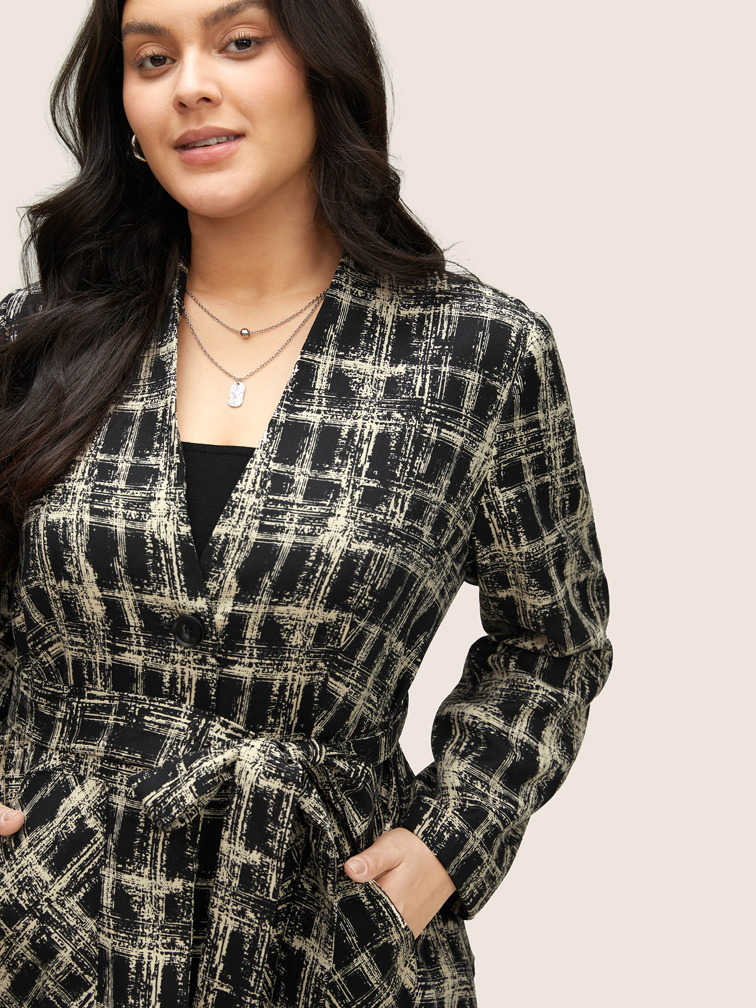 Geometric Pocket Belted Lined Blazer Geometric Pocket Belted Lined Blazer