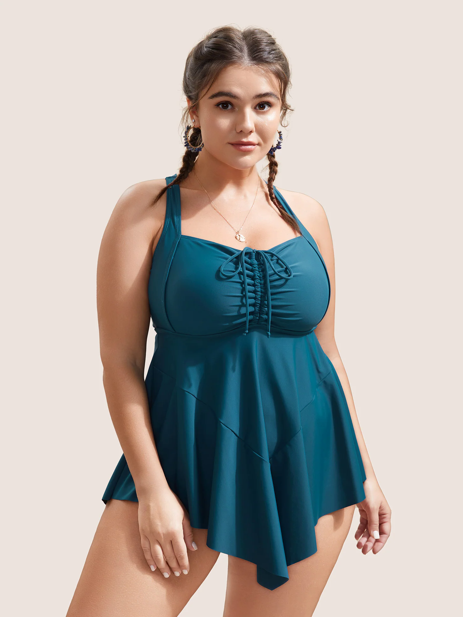 Plain Gathered Adjustable Straps Drawstring Swim Dress Plain Gathered Adjustable Straps Drawstring Swim Dress