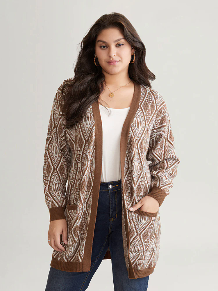 Geometric Graphic Patched Pocket Jacquard Cardigan Geometric Graphic Patched Pocket Jacquard Cardigan