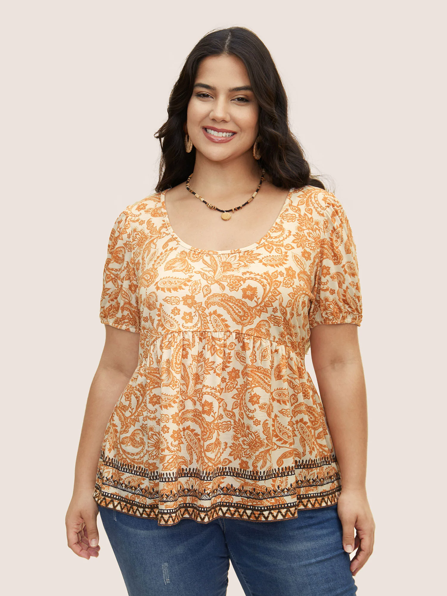 Boho Print Contrast Puff Sleeve T-shirt