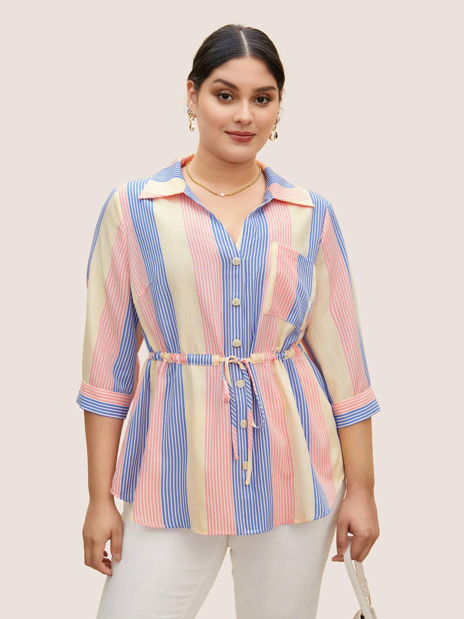 Contrast Striped Drawstring Patched Pocket Blouse