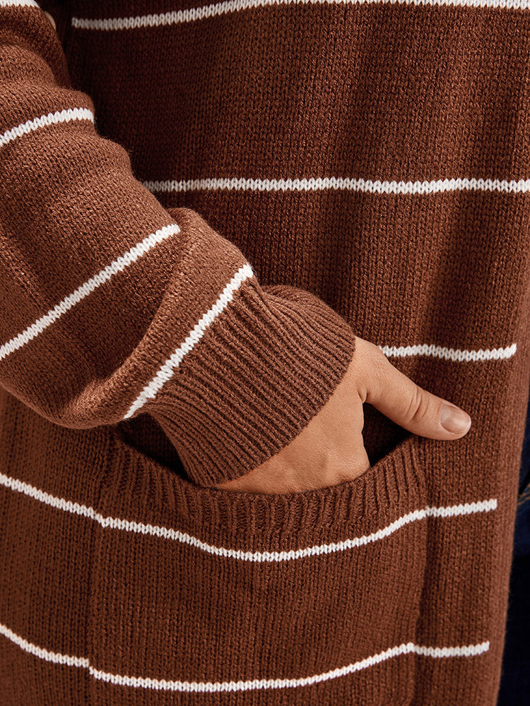 Striped Pointelle Knit Button Side Pocket Open Front Cardigan Striped Pointelle Knit Button Side Pocket Open Front Cardigan