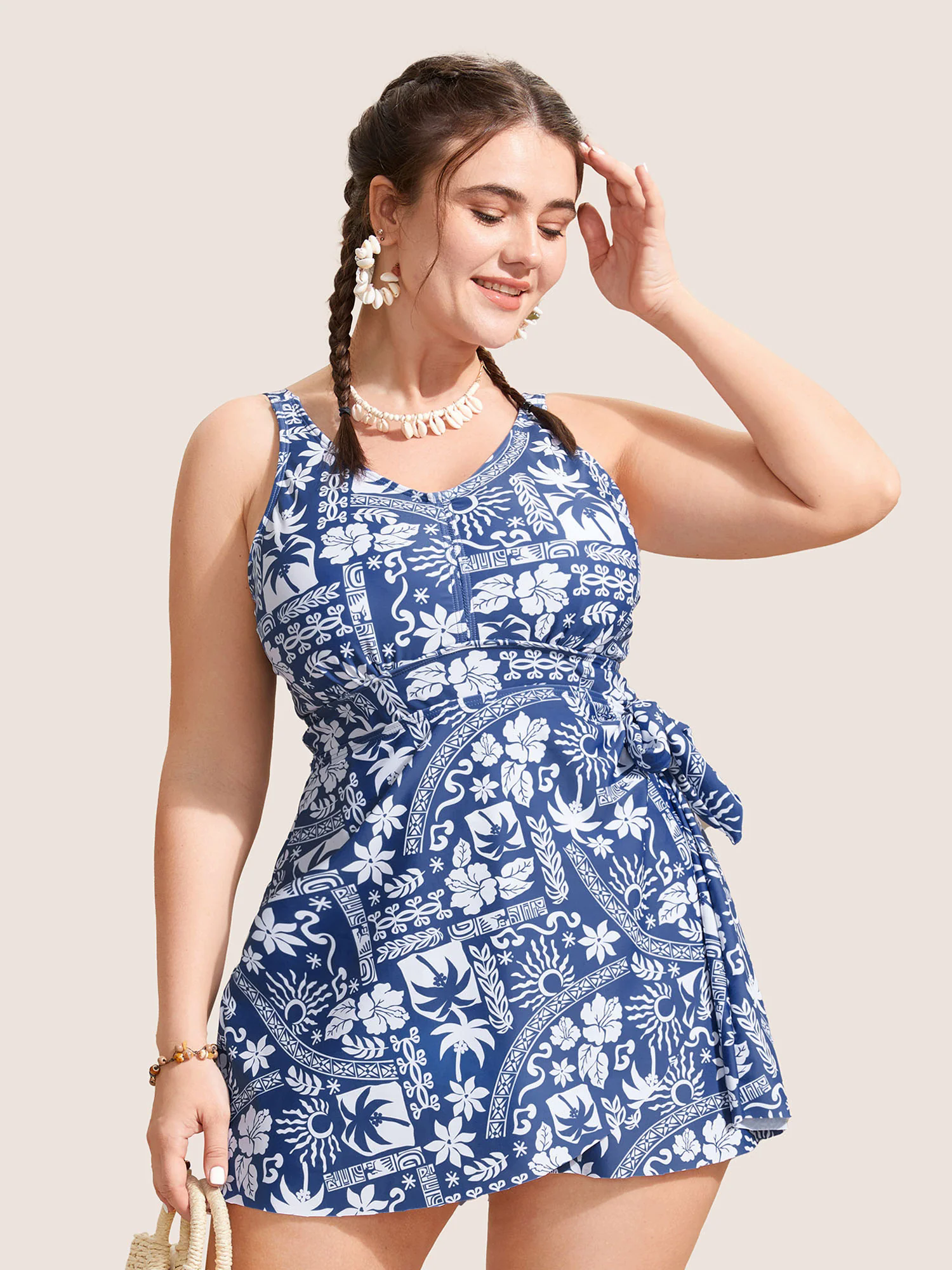 Tropical Print Gathered Tie Knot Swim Dress Tropical Print Gathered Tie Knot Swim Dress