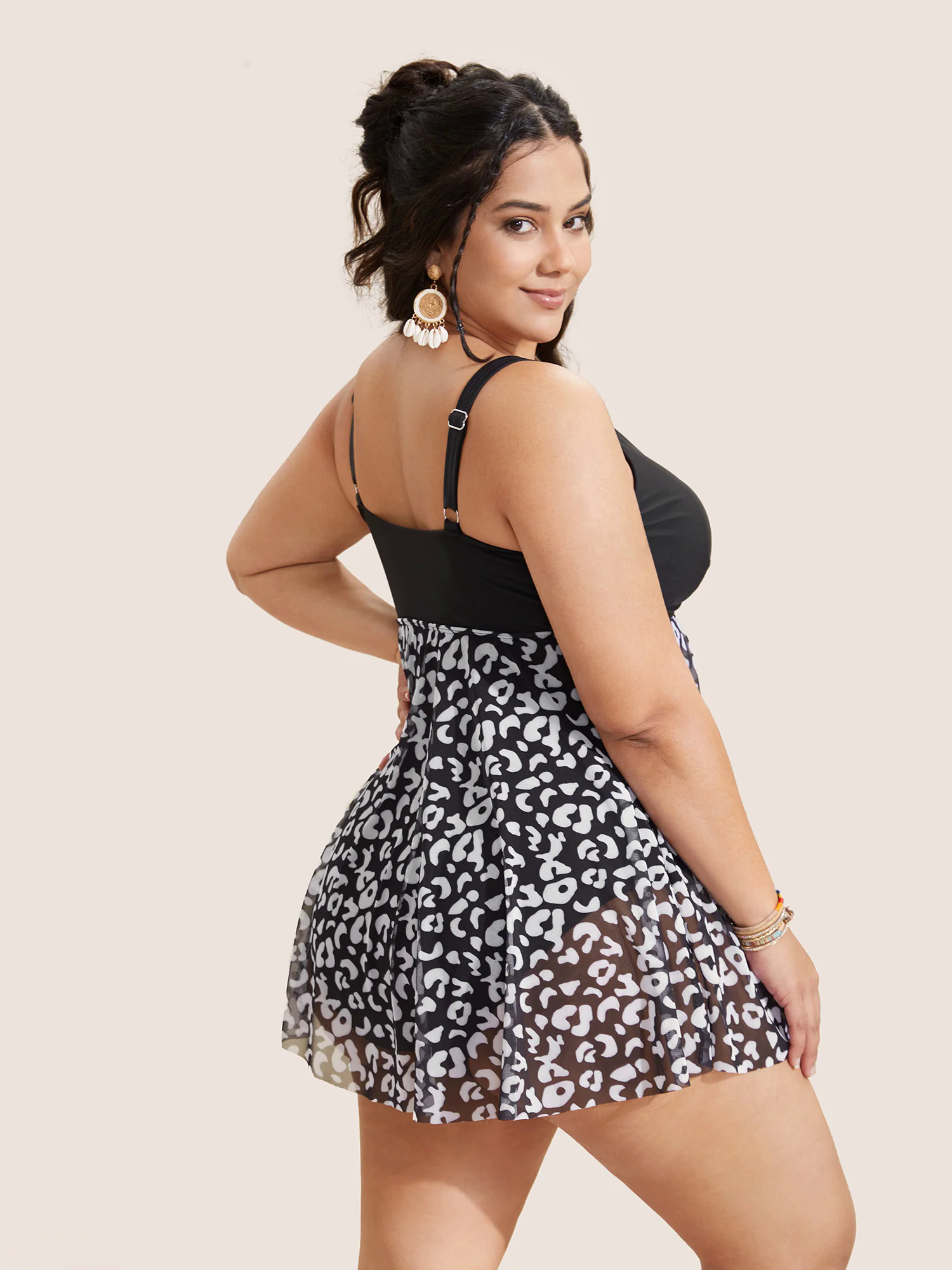 Leopard Print Patchwork Heart Neckline Swim Dress Leopard Print Patchwork Heart Neckline Swim Dress