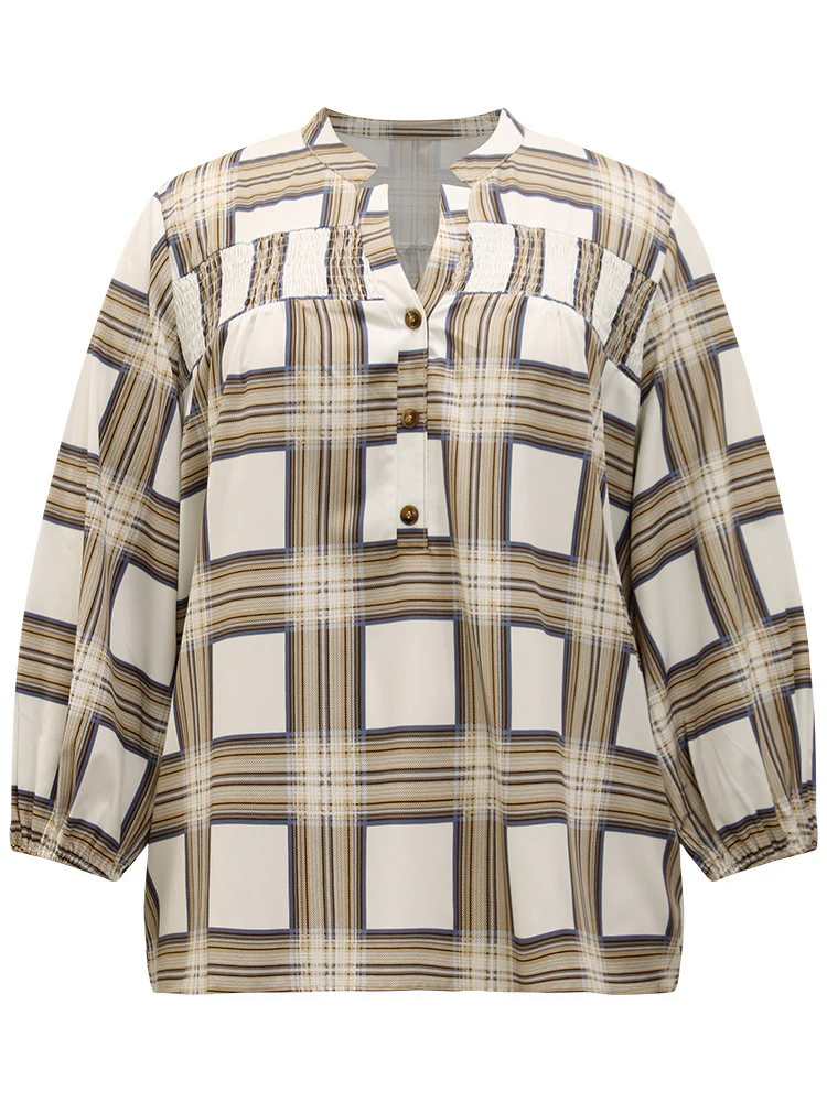 Plaid Shirred Notched Button Up Blouse Plaid Shirred Notched Button Up Blouse