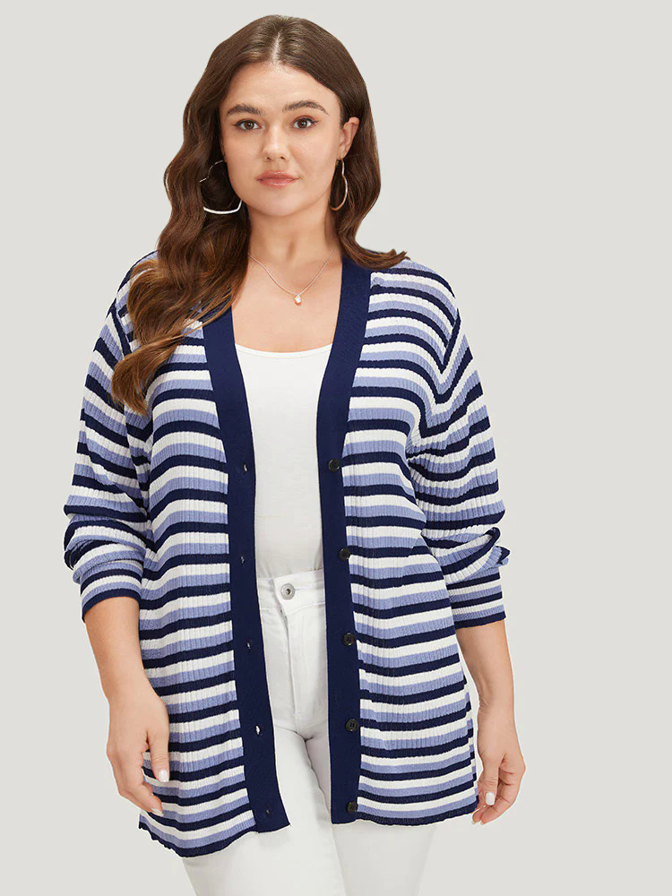 Contrast Striped Rib Knit Button Through Cardigan Contrast Striped Rib Knit Button Through Cardigan