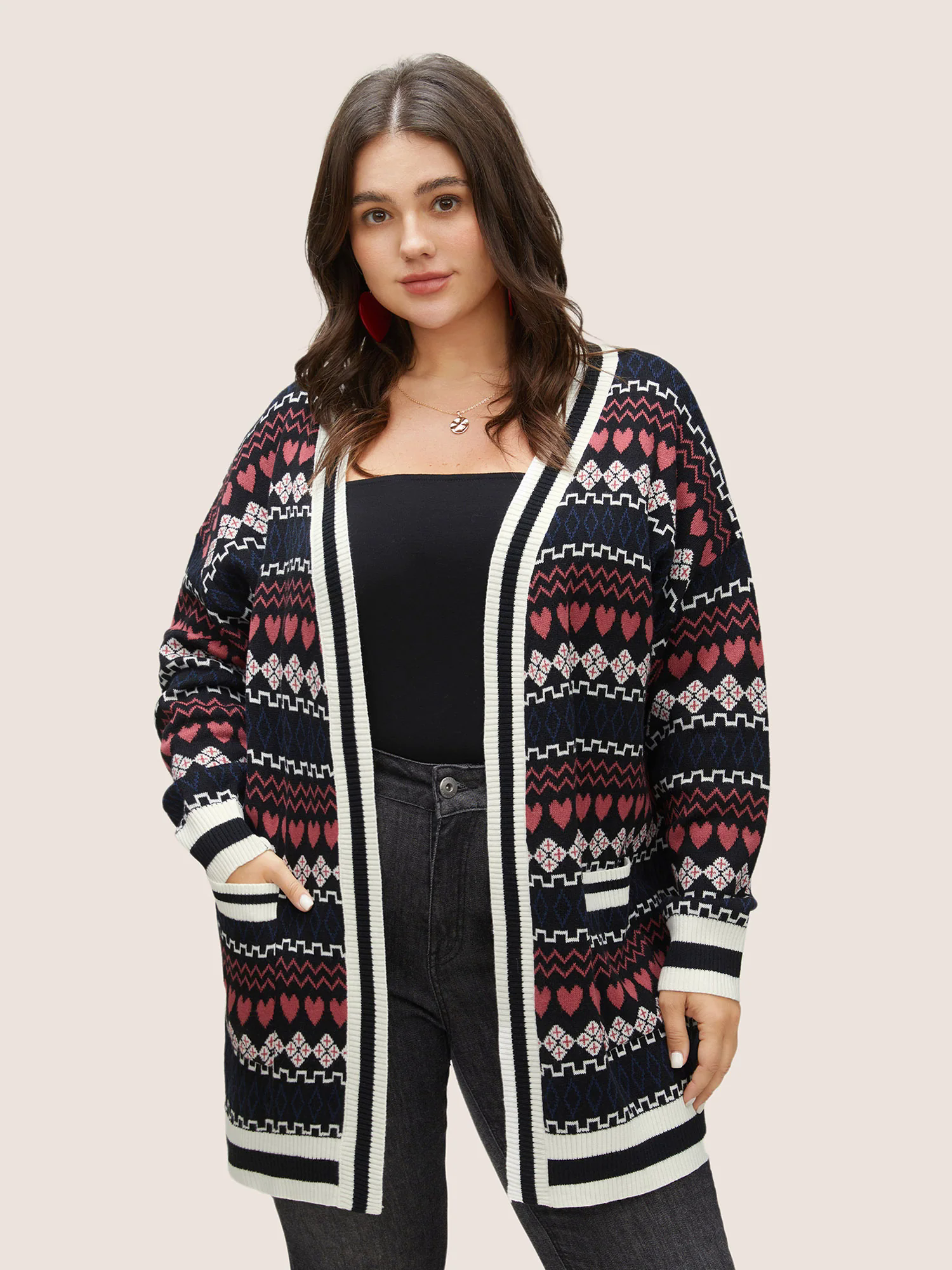 Heart Geometric Jacquard Pocket Cardigan Heart Geometric Jacquard Pocket Cardigan
