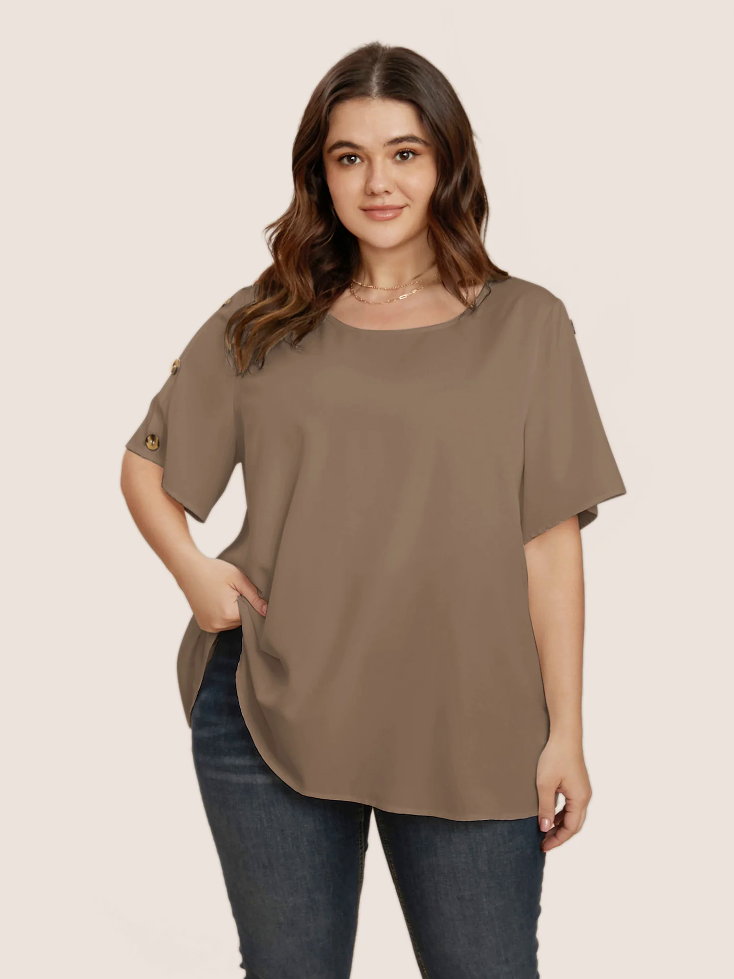 Plain Round Neck Button Detail Blouse Plain Round Neck Button Detail Blouse