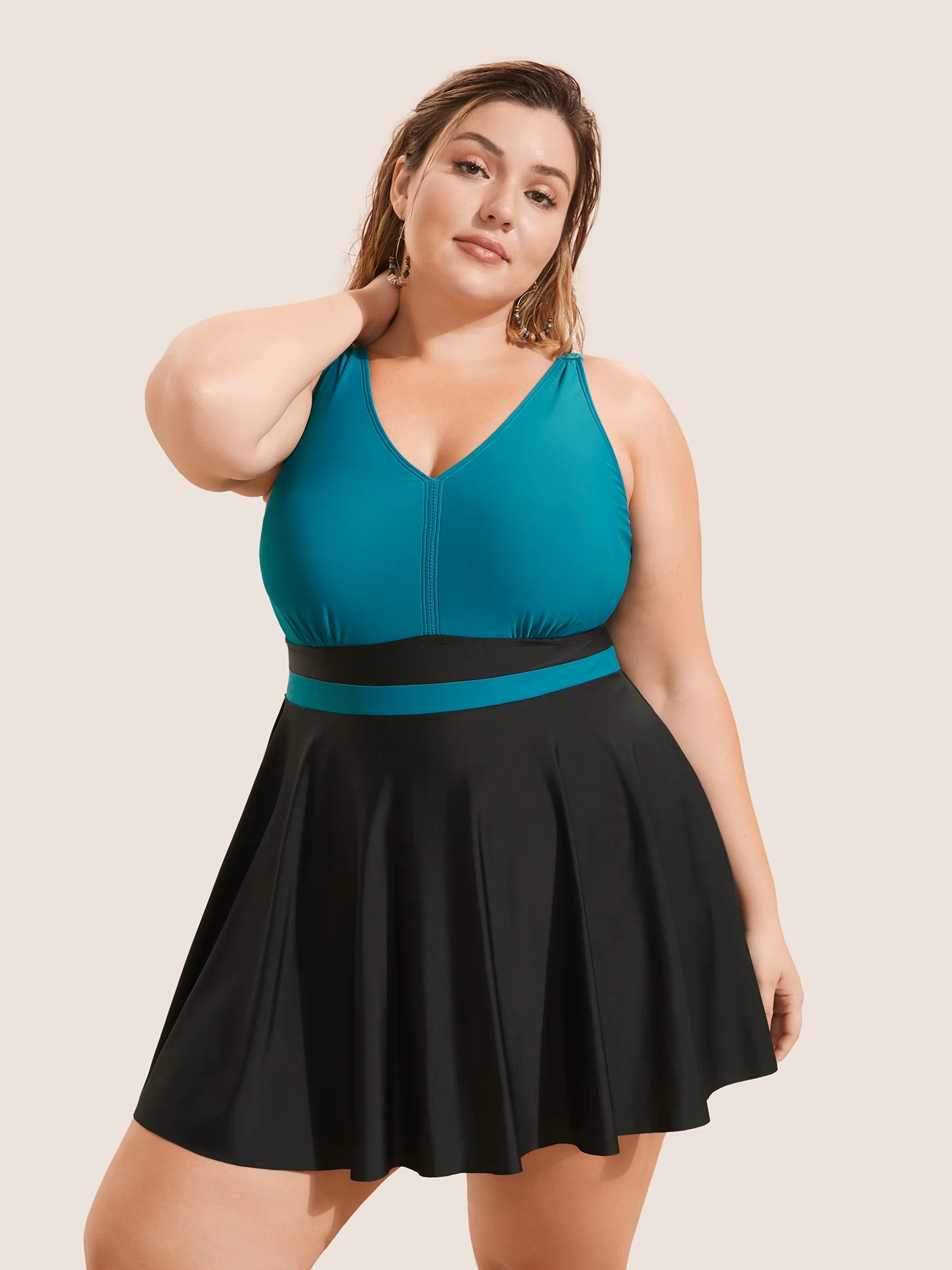 V Neck Two Tone Patchwork Swim Dress V Neck Two Tone Patchwork Swim Dress