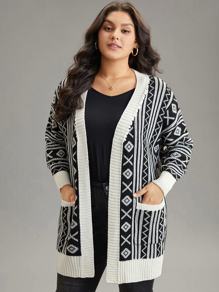Geometric Bandana Contrast Pocket Cardigan Geometric Bandana Contrast Pocket Cardigan