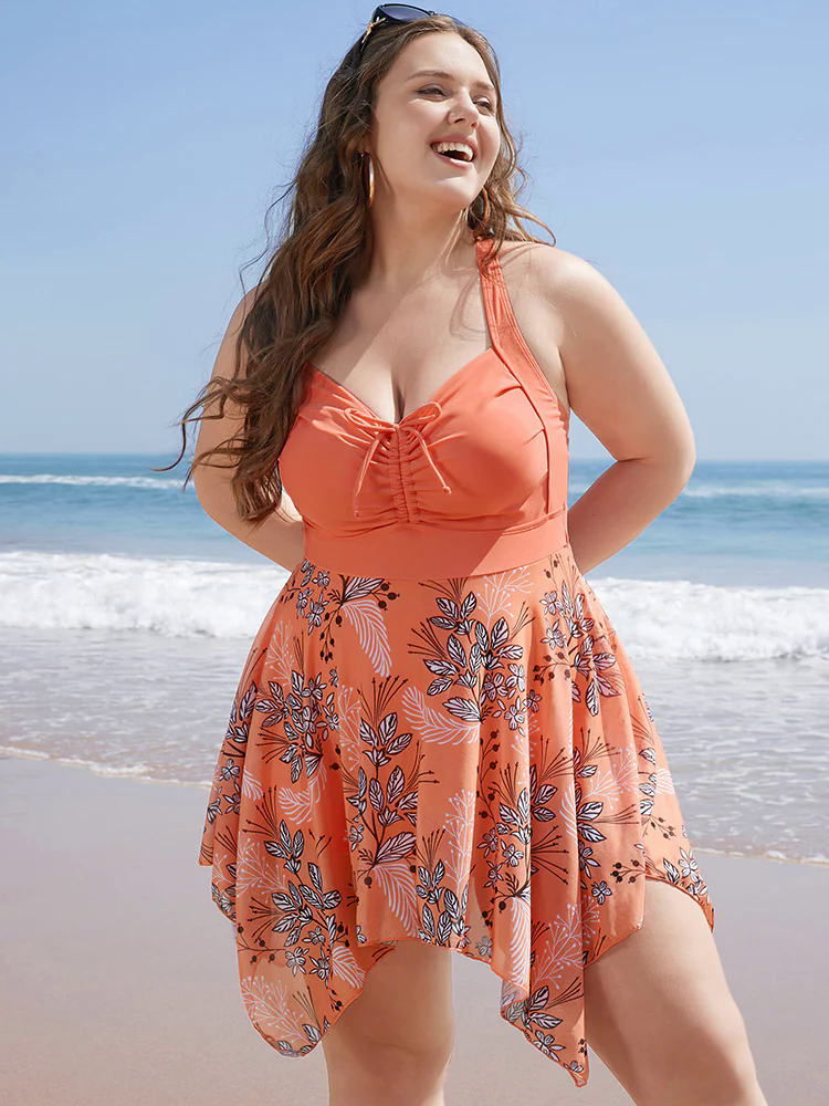 Floral Drawstring Crisscross Back Hanky Hem Swim Dress Floral Drawstring Crisscross Back Hanky Hem Swim Dress