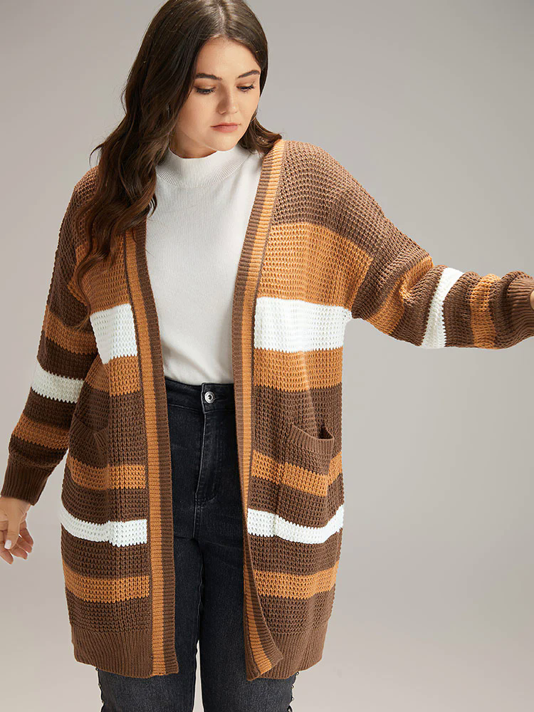 Contrast Open Front Patched Pocket Tunic Cardigan Contrast Open Front Patched Pocket Tunic Cardigan
