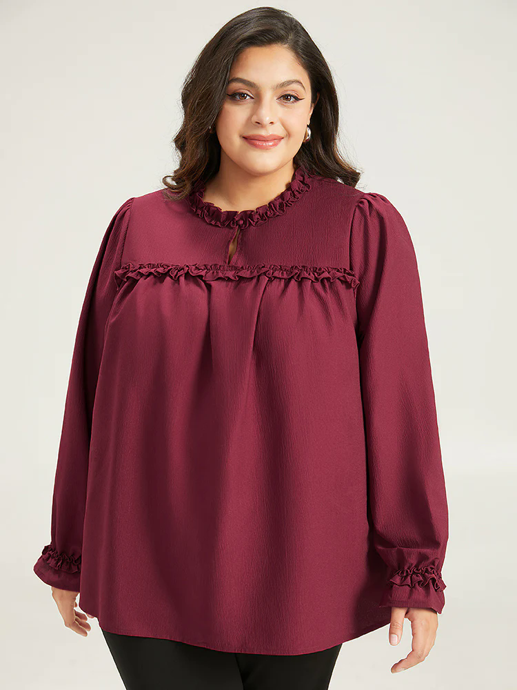 Solid Frill Trim Puff Sleeve Blouse Solid Frill Trim Puff Sleeve Blouse