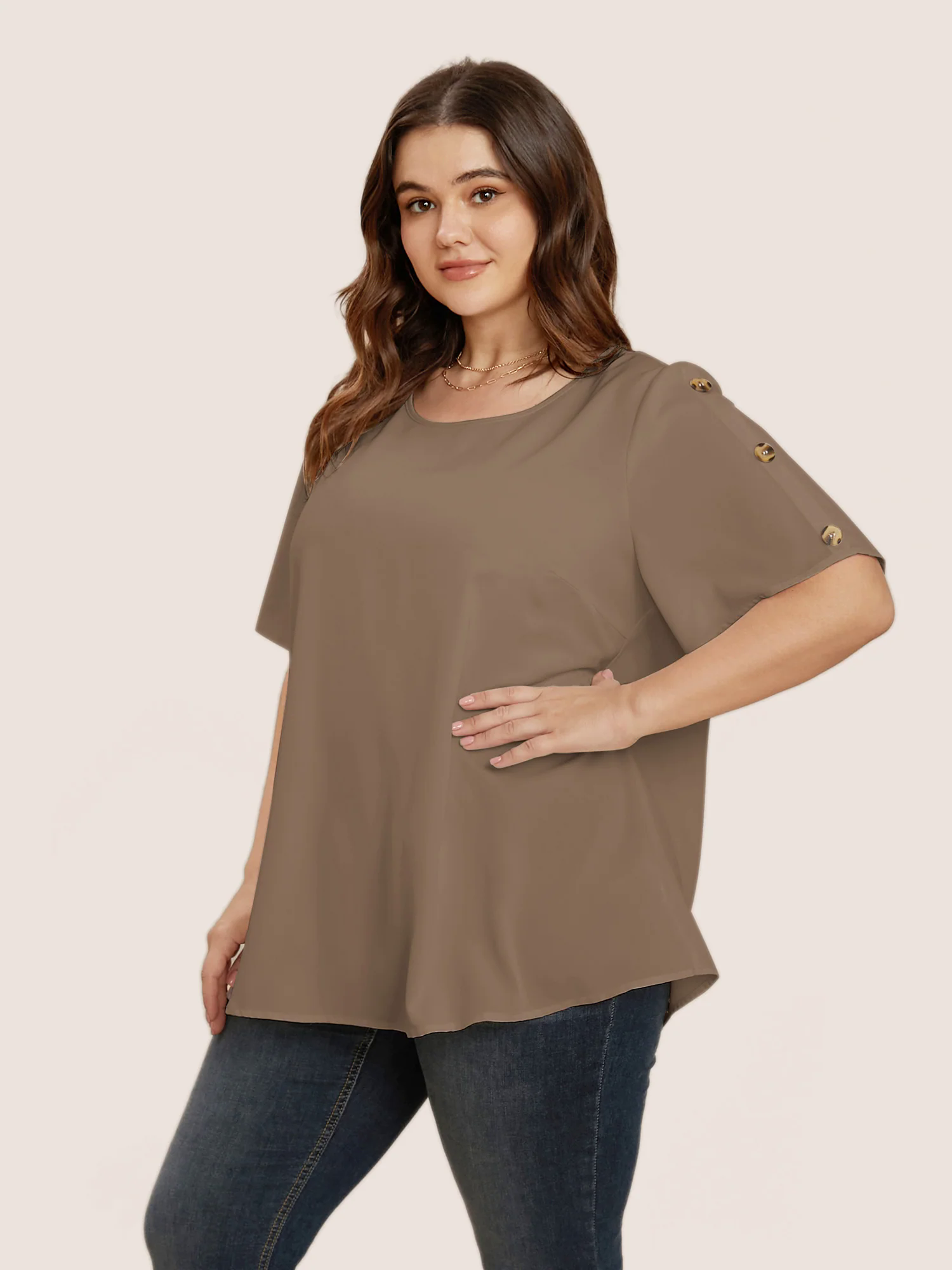 Plain Round Neck Button Detail Blouse Plain Round Neck Button Detail Blouse
