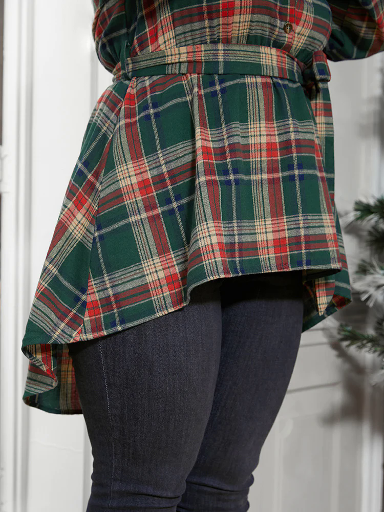 Plaid Shirt Collar Button Belted High Low Hem Blouse Plaid Shirt Collar Button Belted High Low Hem Blouse