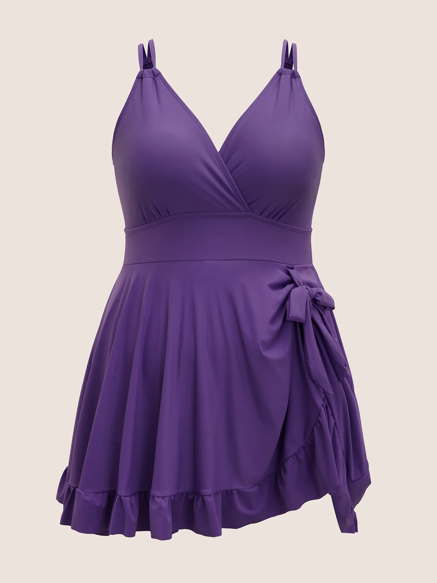 V Neck Solid Tie Knot Ruffles Swim Dress V Neck Solid Tie Knot Ruffles Swim Dress