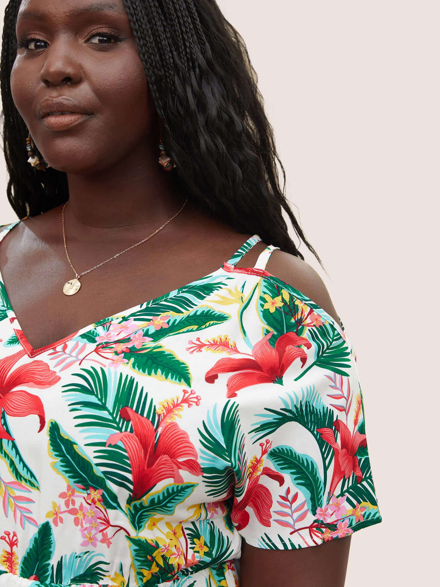 Tropical Print Elastic Waist Cold Shoulder Wrap Hem Blouse Tropical Print Elastic Waist Cold Shoulder Wrap Hem Blouse