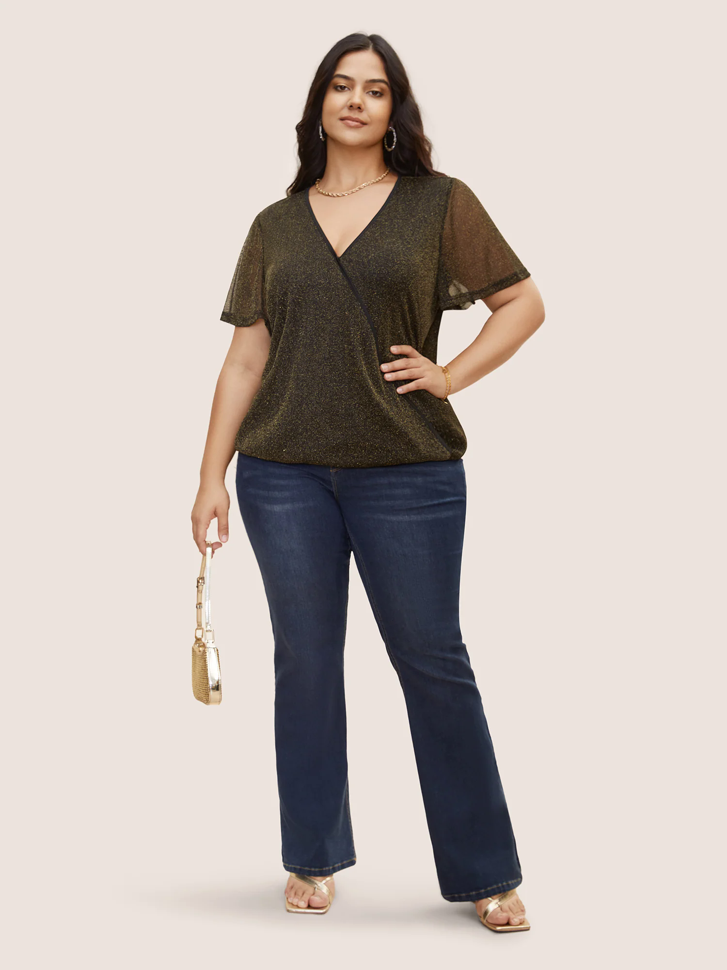 Overlap Collar Metallic Luster Knitted Mesh Blouse Overlap Collar Metallic Luster Knitted Mesh Blouse