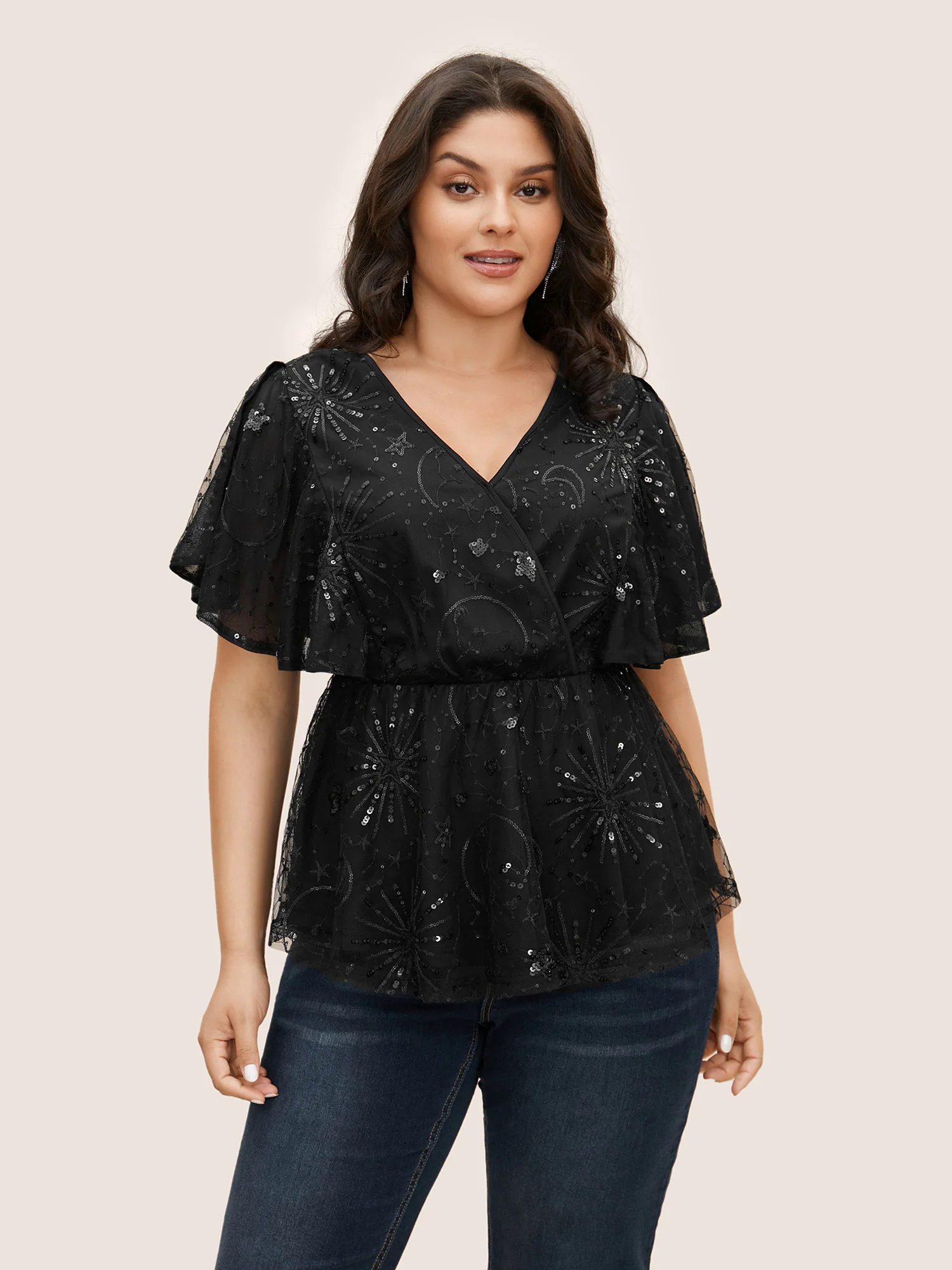 Overlap Collar Star Sequin Mesh Embroidered T-shirt