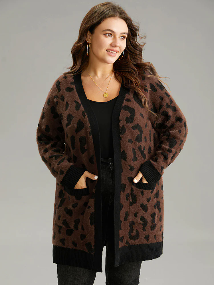 Leopard Contrast Open Front Jacquard Cardigan Leopard Contrast Open Front Jacquard Cardigan