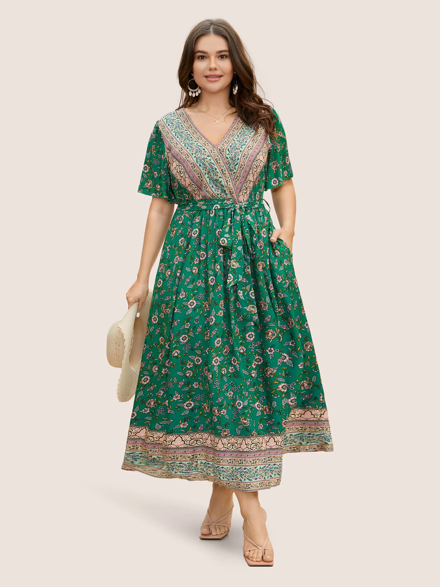 Bandana Surplice Neck Pocket Belted Flutter Hem Maxi Dress Bandana Surplice Neck Pocket Belted Flutter Hem Maxi Dress