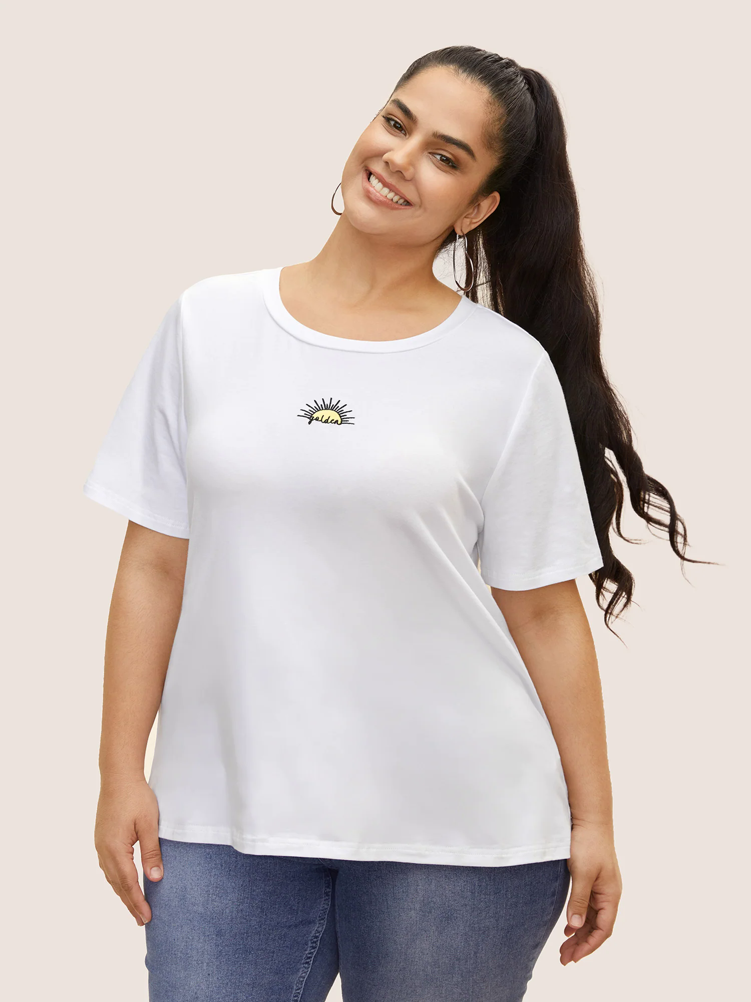 Cotton Sun Embroidered Round Neck T-shirt Cotton Sun Embroidered Round Neck T-shirt