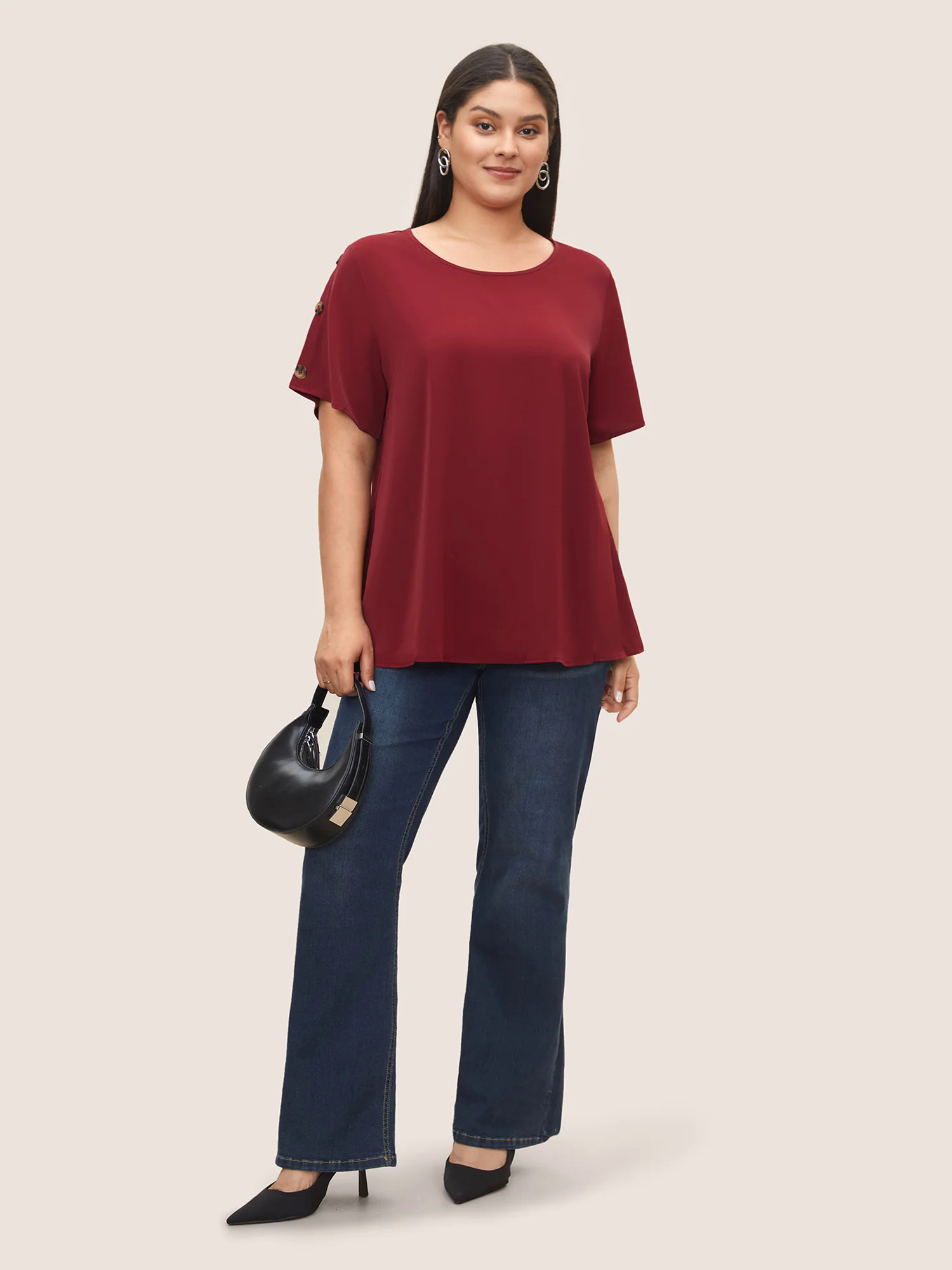 Plain Round Neck Button Detail Blouse Plain Round Neck Button Detail Blouse