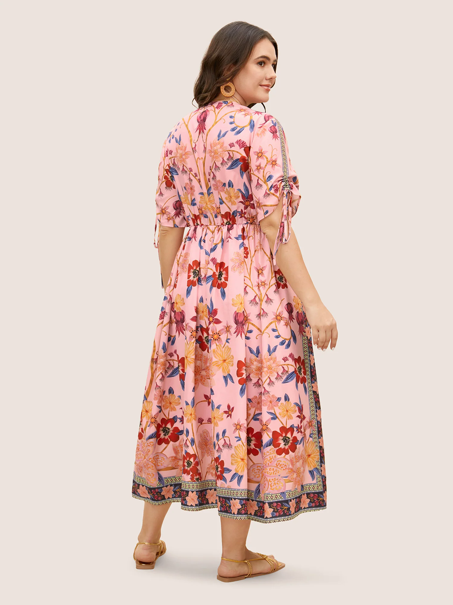 Boho Print V Neck Drawstring Dress Boho Print V Neck Drawstring Dress
