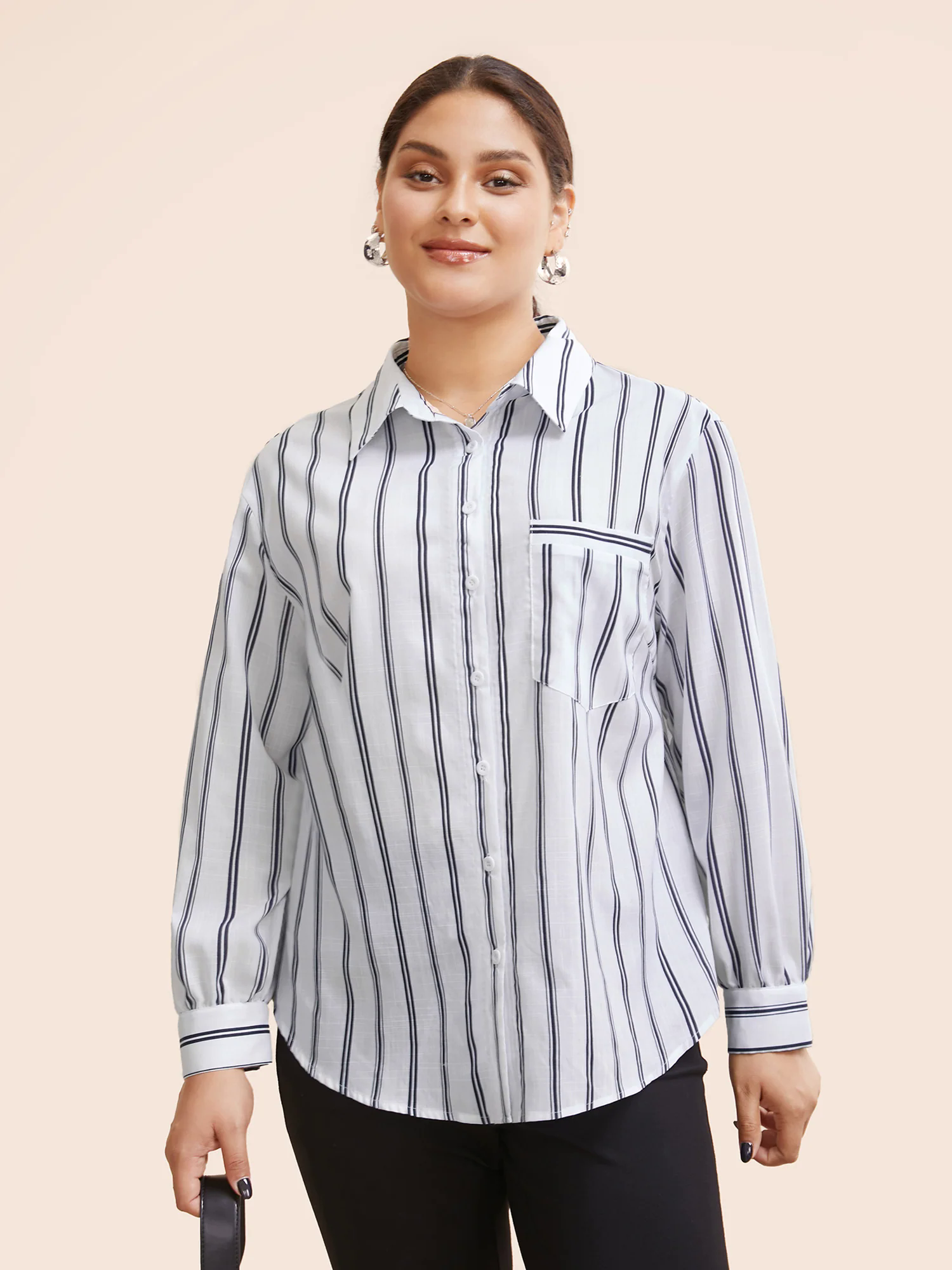 Shirt Collar Striped Patched Pocket Blouse
